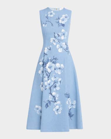 Oscar de la Renta Cherry Blossom Printed Denim Sleeveless Midi Dress