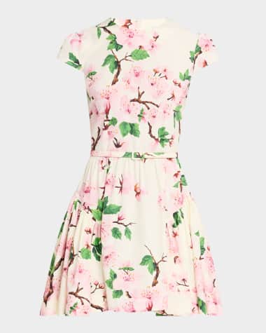 Oscar de la Renta Short-Sleeve Cherry Blossom Poplin Mini Dress With Belt