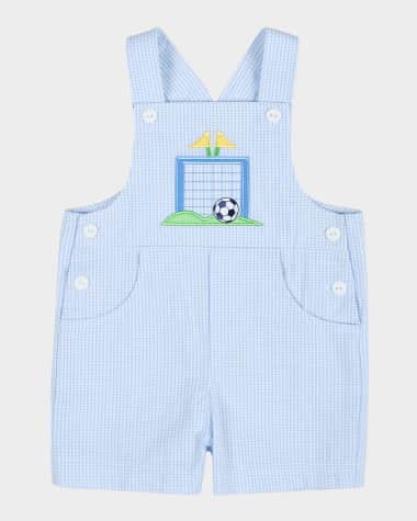 Florence Eiseman Boy's Check-Prirnt Seersucker Shortall W/ Soccer Goal, Size 3M-24M