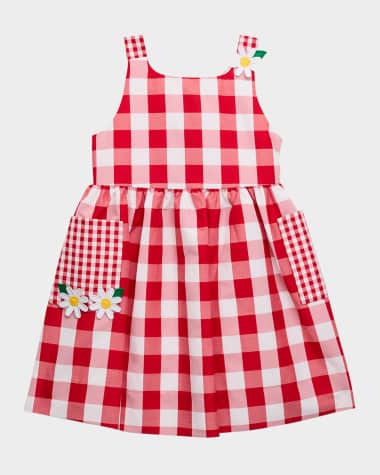 Florence Eiseman Girl's Gingham-Print Dress W/ Floral Appliqués, Size 2-6