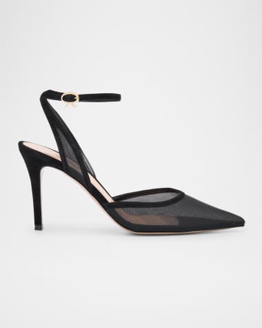 Gianvito Rossi Suede Organza Ankle-Strap Pumps
