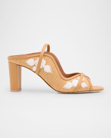Malone Souliers Norah Embroidered Raffia Two-Band Slide Sandals
