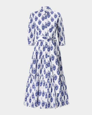 Carolina Herrera 3/4-Sleeve Tiered Midi Shirtdress