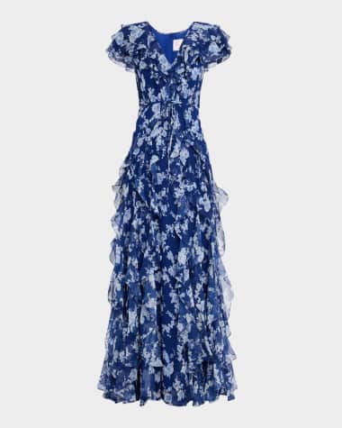 Carolina Herrera Plunging Ruffle Short-Sleeve Silk Gown