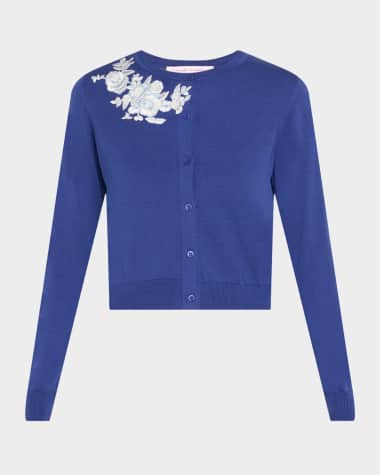 Carolina Herrera Floral Embroidered Crewneck Cardigan
