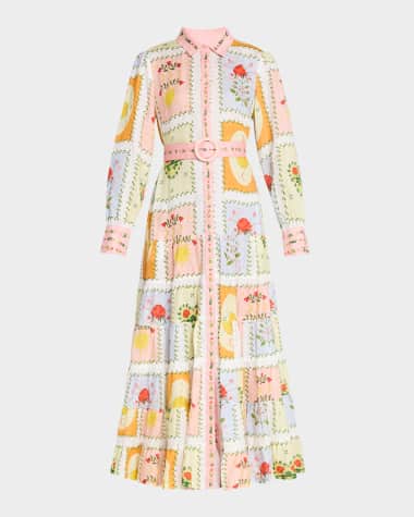 PALM NOOSA Aria Tiered Tile-Print Linen Maxi Shirtdress