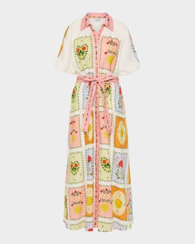 PALM NOOSA Marla Tile-Print Linen Maxi Shirtdress