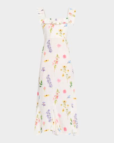 PALM NOOSA Gia Ruffle Floral-Print Linen Midi Dress