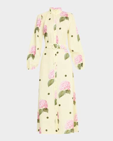 PALM NOOSA Noddy Belted Floral-Print Linen Midi Shirtdress