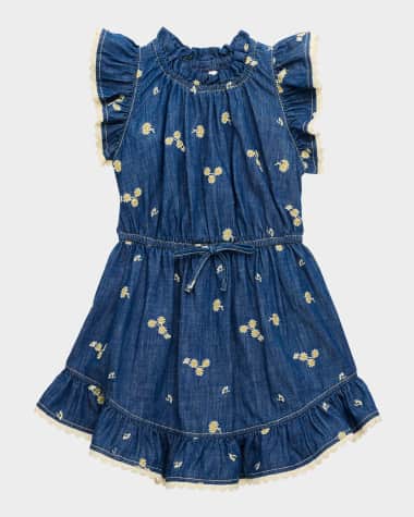 Zimmermann Girl's Lucky Denim Daisy Embroidered Dress, Size 1-12