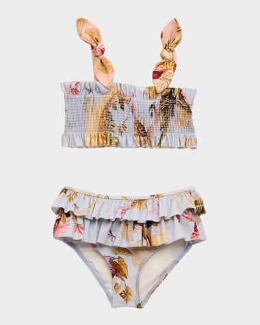 Zimmermann Rhiannon Leaf-Print Smocked Bikini, Size 1-12