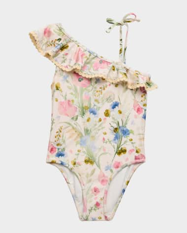 Zimmermann Girl's Lucky Floral-Print Frill Swimsuit, Size 1-12
