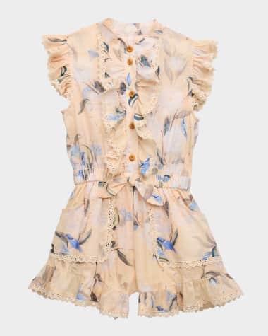 Zimmermann Girl's Cascadian Floral-Print Frill Romper, Size 2-12
