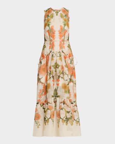 Marchesa Rosa Tiered Floral-Print Ramie Maxi Dress