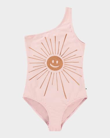 Molo Girl's Nai Happy Face One Shoulder Swimsuit, Size 8-12
