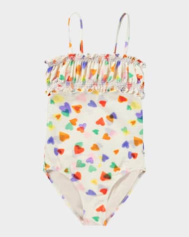 Molo Girl's Nella Heart-Print On-Piece Swimsuit, Size 3-6