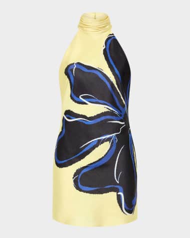 REBECCA VALLANCE Indigo Bloom Open-Back Halter Mini Dress