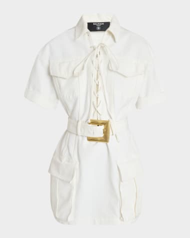 Balmain Lace-Up Canvas Denim Mini Dress with Belt