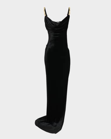 Balmain Button Cowl-Neck Velvet Slit Maxi Dress