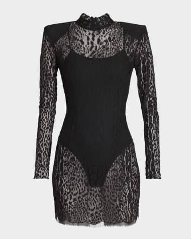 Balmain Leopard Lace Strong-Shoulder Mini Dress