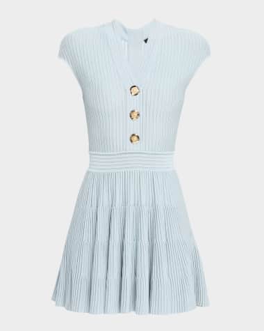 Balmain Short-Sleeve Flechage Knit Flare Mini Dress