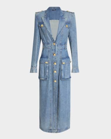 Balmain Belted Pocket Detail V-Neck Denim Midi Dress