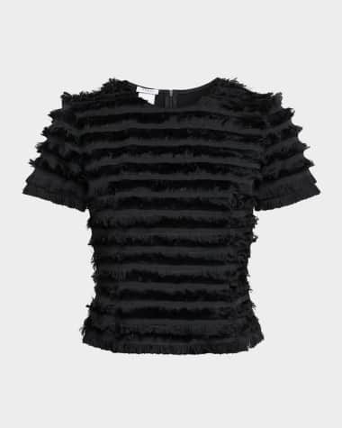 Akris punto Striped Fringe Short-Sleeve Fitted Top