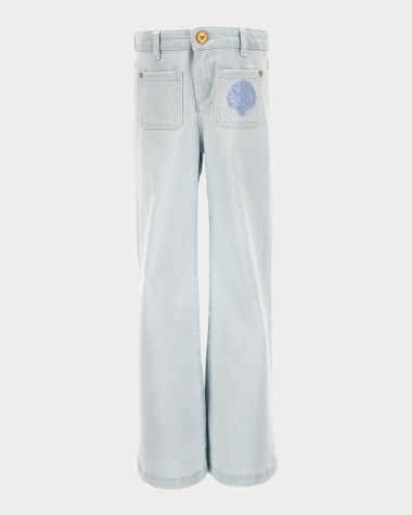 Versace Girl's De La Mer Shell Embroidered Denim Pants, Size 6-14