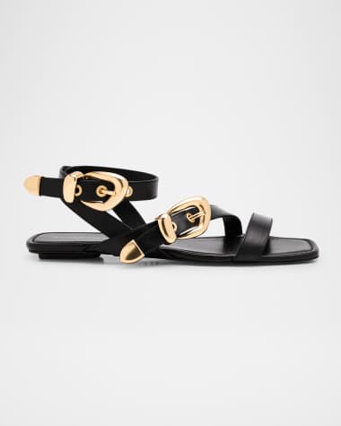 Stuart Weitzman Maven Leather Buckle Flat Sandals