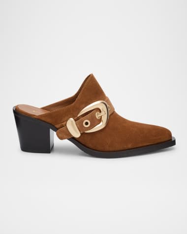 Stuart Weitzman Maven Suede Buckle Western Mules