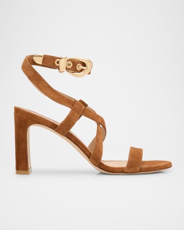 Stuart Weitzman Maven Suede Buckle Block-Heel Sandals