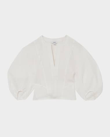 Reiss Remi Cropped Blouson-Sleeve Linen Blouse