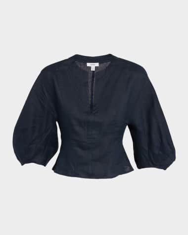 Reiss Remi Cropped Blouson-Sleeve Linen Blouse