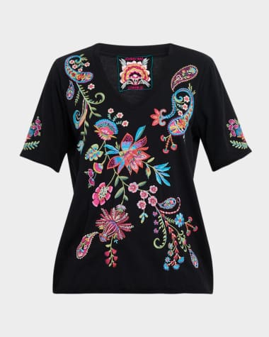 Johnny Was Karime Floral-Embroidered Cotton Tee