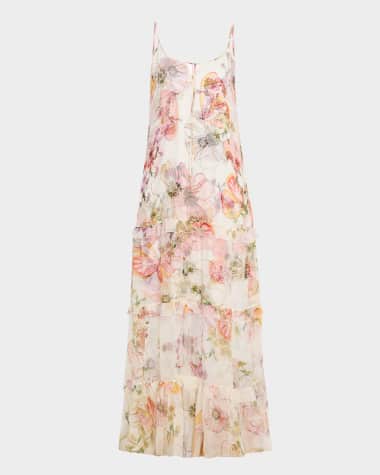 Johnny Was Bailey Tiered Floral-Print Chiffon Maxi Dress