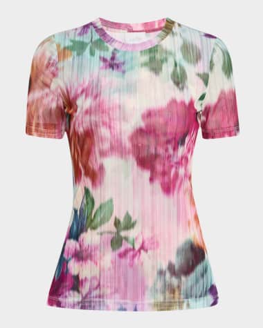 Johnny Was Eleanor Crewneck Floral-Print Mesh Tee