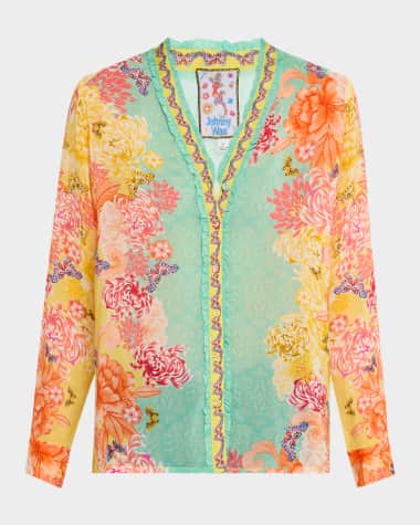 Johnny Was Ara Floral-Print Ruffle Shirt