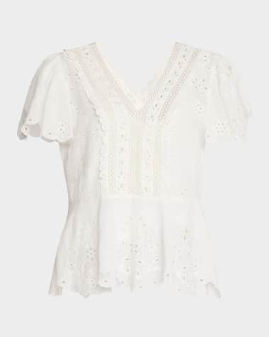 Johnny Was Elizabeth Eyelet-Embroidered Peplum Blouse