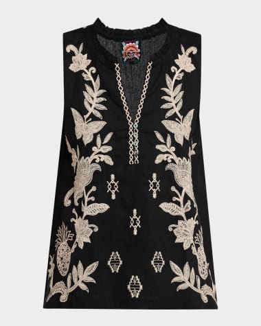 Johnny Was Orla Floral-Embroidered Linen Tank