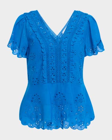 Johnny Was Elizabeth Eyelet-Embroidered Peplum Blouse