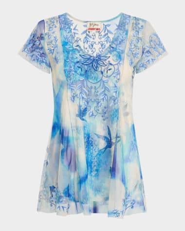 Johnny Was Lisette Embroidered Bird-Print Mesh Blouse