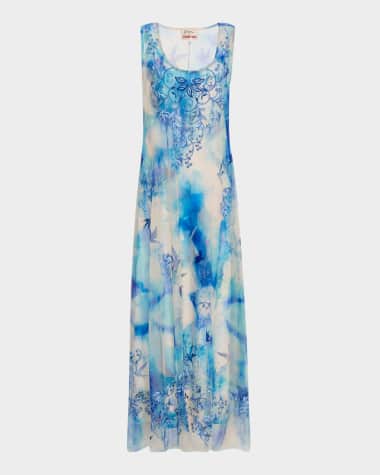 Johnny Was Makani Floral-Embroidered Mesh Midi Dress