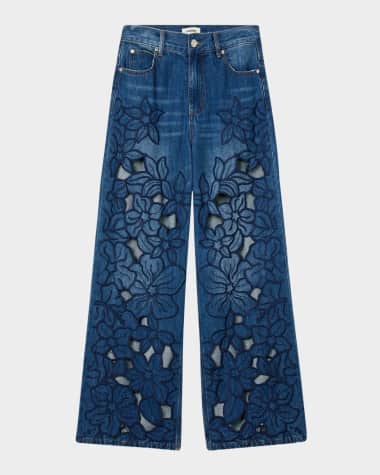 Sandro Spring Floral Embroidered Wide-Leg Jeans