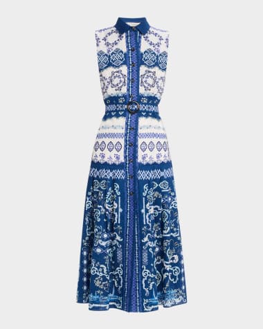 Saloni Nya Belted Linen Midi Dress