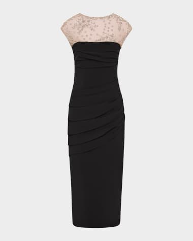 Rachel Gilbert Dottie Floral Crystal Sheer Draped Dress