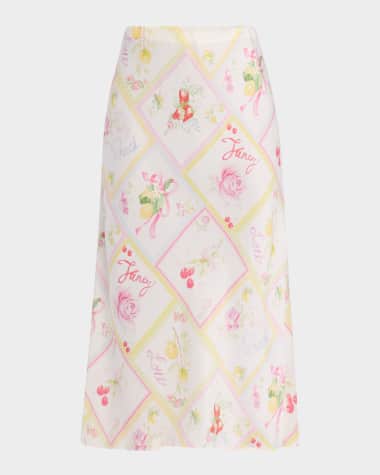 LoveShackFancy Castle Silky Fruit Print Midi Skirt