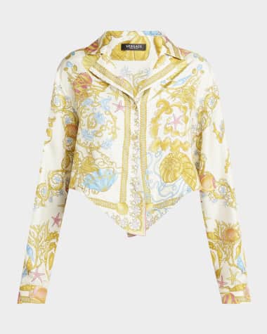 Versace Underwater Barocco Foulard Silk Twill Crop Shirt