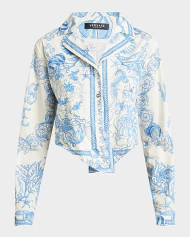 Versace Underwater Barocco Foulard Cotton Poplin Crop Shirt