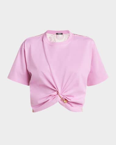 Versace Safety-Pin Twisted Crop T-Shirt With Underwater Barocco Silk Twill Back
