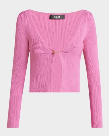 Versace Safety-Pin V-Neck Crop Rib Cardigan